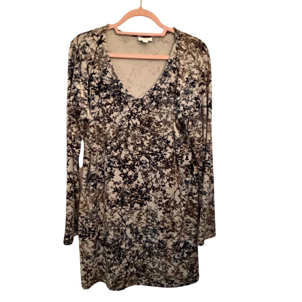 Pure Jill Tunic Dress Womens Medium‎ Tall Brown Blue Branch Print V-Neck